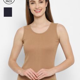 Floret Women Pack Of 2 Navy Blue & Nude-Coloured Solid Cotton Camisoles-image-89