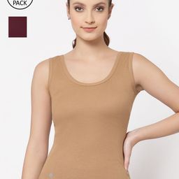 Floret Women's Pack Of 2 Nude & Burgundy Solid Cotton Camisoles-image-88