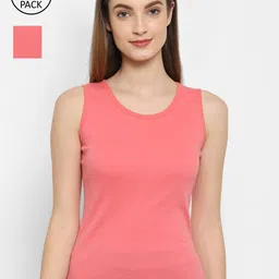 Floret Women Pack Of 2 Orange & Rose Solid Cotton Camisoles-image-46