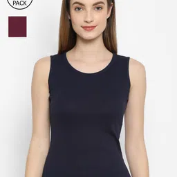 Floret Pack of 2 Women Burgundy & Navy Blue Solid Cotton Camisoles-image-51