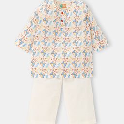THE BABY LABEL Kids Blue Spring Day Kites Hand-Block Pure Cotton Kurta Pajama Set-picture-57