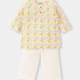THE BABY LABEL Kids Yellow Spring Day Kites Hand-Block Print Pure Cotton Kurta Pyama Set-image-34
