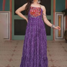 KALINI Women Bandhani Printed Pure Georgette Fit and Flare Maxi Ethnic Dress-image-15