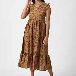 Saffron Threads Floral Printed Pure Cotton Midi Dress-image-3