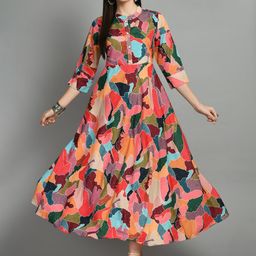 DOISA Abstract Printed Mandarin Collar Fit & Flare Midi Dress-image-3