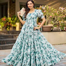 Chandbaali Floral Printed Sweetheart Neck Puff Sleeves Georgette Gown Ethnic Dress-picture-34