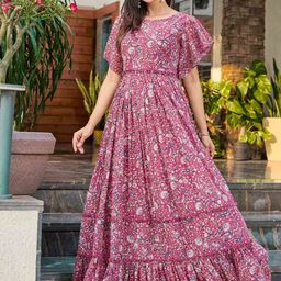 Chandbaali Floral Printed Boat Neck Flared Sleeves Gathered Georgette Gown Ethnic Dress-picture-30