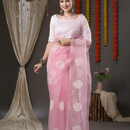 Saree mall Pink & White Floral Organza Banarasi Sarees-image-29