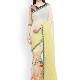 Shaily Cream-Coloured & Yellow Floral Embroidered Pure Georgette Saree-image-76
