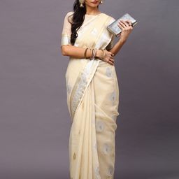 Mitera Cream-Coloured & Silver-Toned Ethnic Motifs Silk Blend Banarasi Saree-picture-47