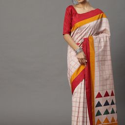 Mitera Cream-Coloured & Red Geometric Printed Art Silk Bhagalpuri Saree-25