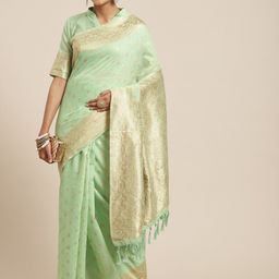 KALINI Green & Gold-Coloured Floral Zari Silk Cotton Banarasi Saree-image-15