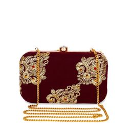 REZZY Maroon And Gold-Toned Embroidered Box Clutch-44