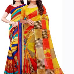KALINI Pack of 2 Yellow & Blue Pure Georgette Sarees-36