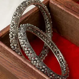 TEEJH Set of 2 Silver Plated Oxidized Bangles-50