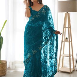 RV CREATION Embellished Mirror Work Net Saree image 2