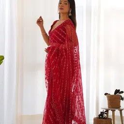 RV CREATION Leheriya Sequinned Net Saree image 3
