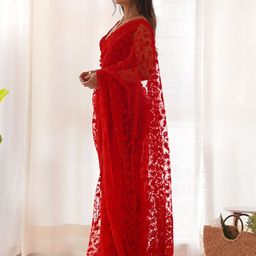 RV CREATION Embroidered Beads and Stones Net Saree image 2