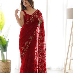 RV CREATION Embellished Mirror Work Net Saree image 5