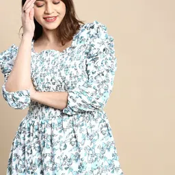 SHOWOFF Plus Plus Size Floral Printed Puff Sleeve Smocked Fit & Flare Midi Dress-image-7