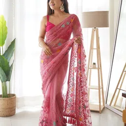 RV CREATION Embellished Beads and Stones Net Designer Saree image 4