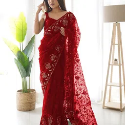 RV CREATION Embellished Mirror Work Net Saree image 3