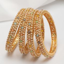 Shining Diva Set Of 4 Gold-Plated White, Yellow & Green Pearl Studded Bangles-35