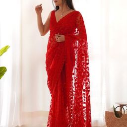RV CREATION Embroidered Beads and Stones Net Saree image 5