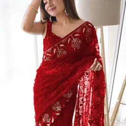 RV CREATION Embellished Mirror Work Net Saree image 4