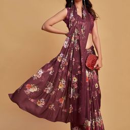 Sangria Burgundy Floral Printed Satin Saree-image-12