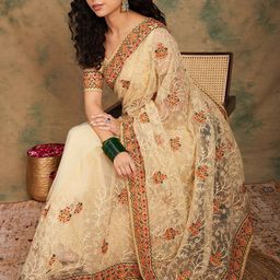 Sangria Yellow Beige Embroidered Net Sarees-12