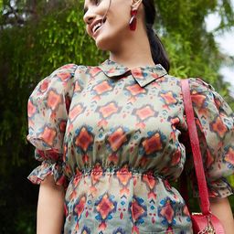 Athena Green & Rust Geometric Print Peplum Top image 5