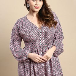 SHOWOFF Plus Plus Size Geometric Printed Puff Sleeve Gathered Fit & Flare Midi Dress-image-22