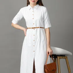 SHOWOFF Belted Roll-Up Sleeves Cotton Shirt Midi Dress-image-78
