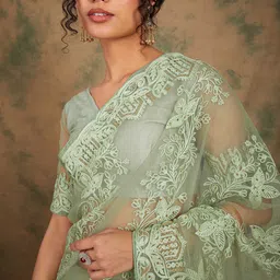 Sangria Green Floral Embroidered Net Saree-picture-20