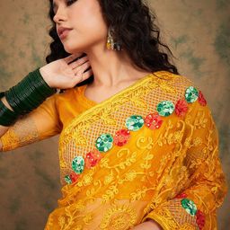 Sangria Yellow Floral Embroidered Net Sarees-picture-5