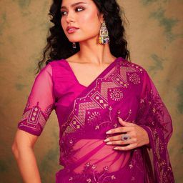 Sangria Ethnic Motifs Embroidered Net Sarees-picture-12