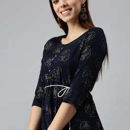 SHOWOFF Women Navy Blue Floral Round Neck Three-Quarter Sleeves A-Line Kurta-image-59