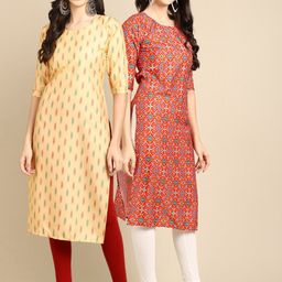 KALINI PACK OF 2 Women Ethnic Motifs Printed Block Print Handloom Crepe Kurta-image-50
