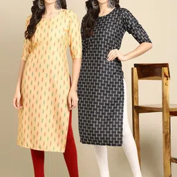 KALINI Women Pack Of 2 Yellow & Black Ethnic Motifs Printed Crepe Kurta-image-25