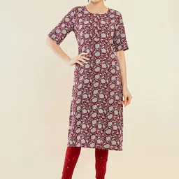 Soch Maroon & White Floral Printed Round Neck Kurta-image-21