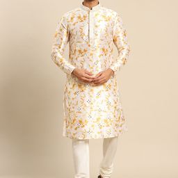 KISAH Men White Floral Printed Kurta-43