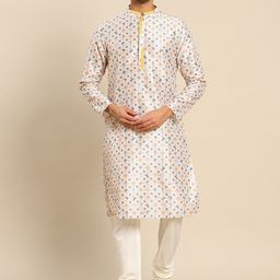 KISAH Men White Floral Printed Embroidered Kurta-37