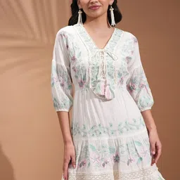 Vishudh White Floral Embroidered Puff Sleeves Tasseled Fit and Flare Ethnic Dresses-image-61