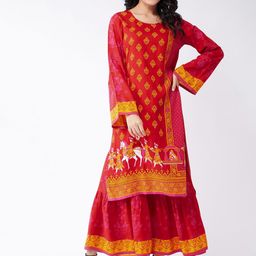 Pannkh Women Red Ethnic Motifs Sindoor Digital Printed Flared Sleeves Kurta-14