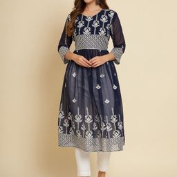HERE&NOW Navy Blue & White Ethnic Motifs Embroidered Georgette A-Line Kurta-image-15