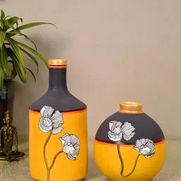 AAKRITI ART CREATIONS Sunflower Dreams Yellow & Blue 2 Pieces Printed Terracotta Vases-image-61