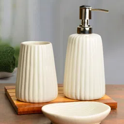 StyleMyWay White 3 Pieces Textured Ceramic Bathroom Accessories Set-30