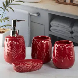 Kookee Red 4 Pieces Ceramic Cylindrical Shaped Bath Accessories Set-32