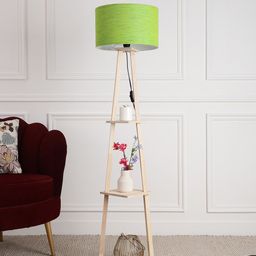 SANDED EDGE Green & Beige Wooden Floor Lamp With Shelves & Shade-48